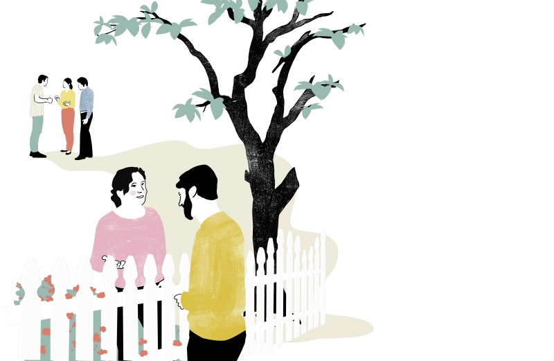 Die Illustration zeigt, wie zwei Menschen am Gartenzaun stehen und sich unterhalten. 
