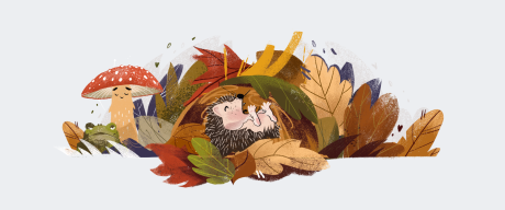 Illustration eines Laubhaufens mit Tieren und Pilzen